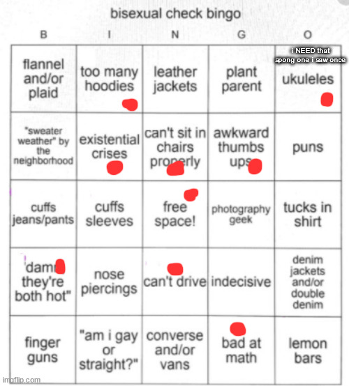 this bingo is very fucking inaccurate bruh | i NEED that spong one i saw once | image tagged in bisexual bingo | made w/ Imgflip meme maker