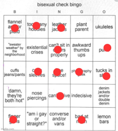 This placement of dots looks very familiar… | image tagged in bisexual bingo | made w/ Imgflip meme maker
