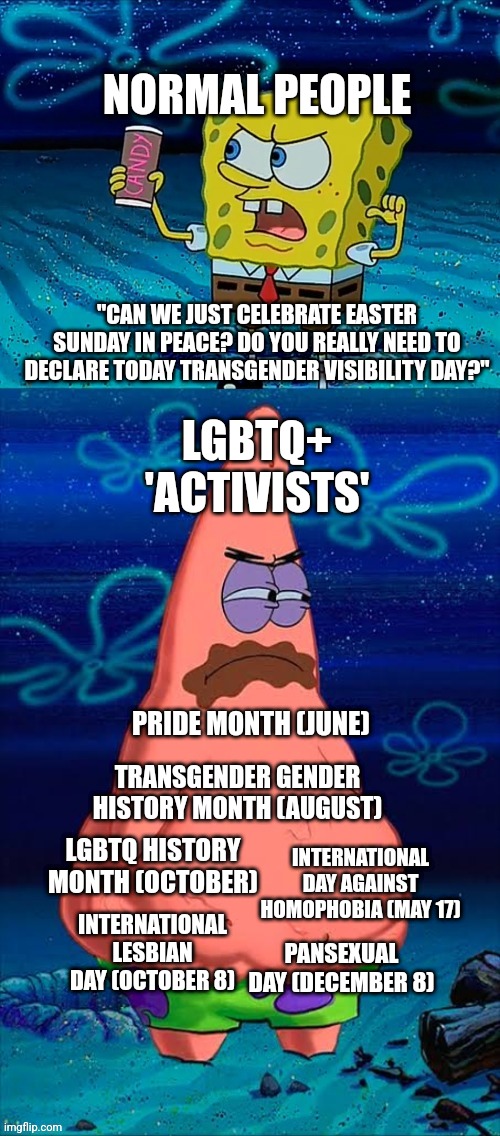 The LGBTQ+ community have so many holidays yet it's never enough for | NORMAL PEOPLE; "CAN WE JUST CELEBRATE EASTER SUNDAY IN PEACE? DO YOU REALLY NEED TO DECLARE TODAY TRANSGENDER VISIBILITY DAY?"; LGBTQ+ 'ACTIVISTS'; PRIDE MONTH (JUNE); TRANSGENDER GENDER HISTORY MONTH (AUGUST); LGBTQ HISTORY MONTH (OCTOBER); INTERNATIONAL DAY AGAINST HOMOPHOBIA (MAY 17); INTERNATIONAL LESBIAN DAY (OCTOBER 8); PANSEXUAL DAY (DECEMBER 8) | image tagged in you took my only food now i'm gonna starve patrick,lgbtq,tired of hearing about transgenders,stupid liberals,easter | made w/ Imgflip meme maker