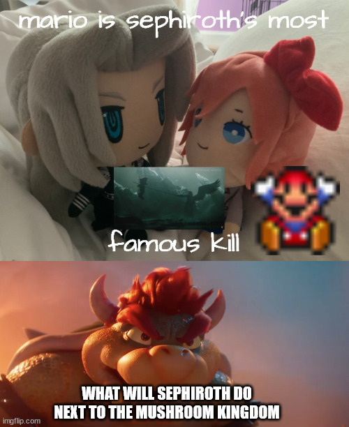 bowser knows what's next | WHAT WILL SEPHIROTH DO NEXT TO THE MUSHROOM KINGDOM | image tagged in final fantasy facts,bowser,final fantasy 7,mario,videogames,nintendo | made w/ Imgflip meme maker