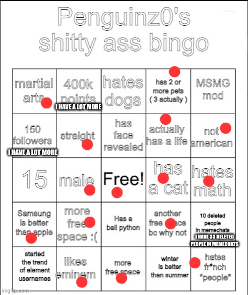 penguinz0 bingo | I HAVE A LOT MORE; I HAVE A LOT MORE; I HAVE 33 DELETED PEOPLE IN MEMECHATS | image tagged in penguinz0 bingo | made w/ Imgflip meme maker