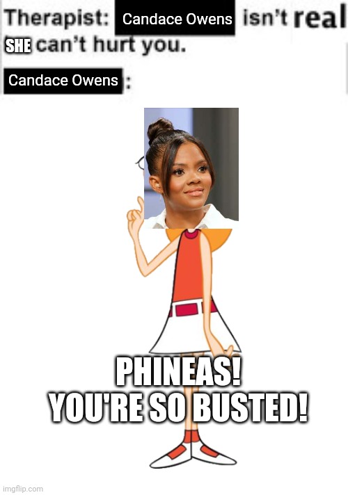 It cant hurt you | Candace Owens; SHE; Candace Owens; PHINEAS! YOU'RE SO BUSTED! | image tagged in it cant hurt you | made w/ Imgflip meme maker