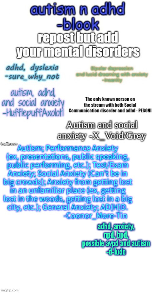 npd, bpd, and avpd are personality disorders btw | adhd, anxiety, npd, bpd, possible avpd and autism
-d-lude | made w/ Imgflip meme maker