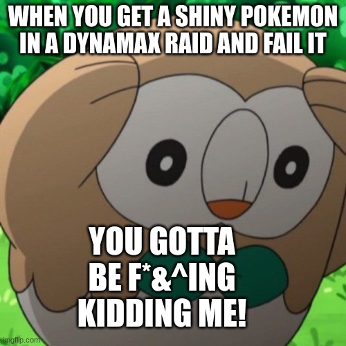 Shiny Fail | WHEN YOU GET A SHINY POKEMON IN A DYNAMAX RAID AND FAIL IT; YOU GOTTA BE F*&^ING KIDDING ME! | image tagged in rowlet meme template | made w/ Imgflip meme maker