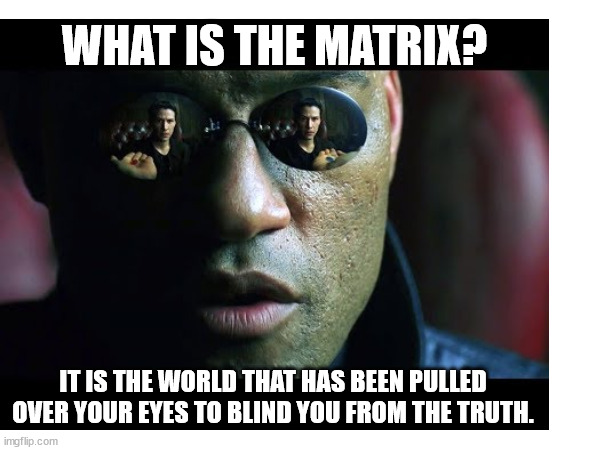 matrix | WHAT IS THE MATRIX? IT IS THE WORLD THAT HAS BEEN PULLED OVER YOUR EYES TO BLIND YOU FROM THE TRUTH. | image tagged in matrix morpheus | made w/ Imgflip meme maker