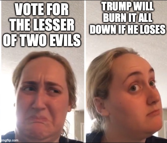 Kombucha Girl | TRUMP WILL BURN IT ALL DOWN IF HE LOSES; VOTE FOR THE LESSER OF TWO EVILS | image tagged in kombucha girl | made w/ Imgflip meme maker