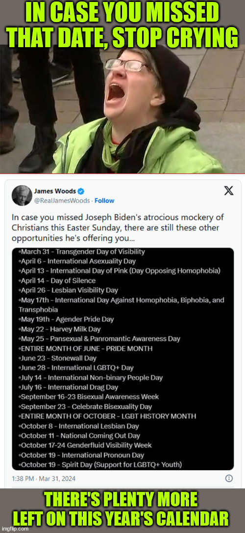 Stop fretting... plenty more dates coming up | IN CASE YOU MISSED THAT DATE, STOP CRYING; THERE'S PLENTY MORE LEFT ON THIS YEAR'S CALENDAR | image tagged in crying liberal,missed a visibility day | made w/ Imgflip meme maker