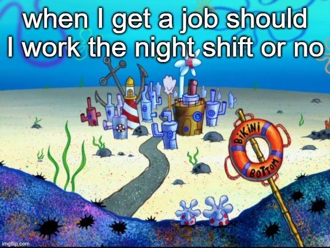 Bikini Bottom | when I get a job should I work the night shift or no | image tagged in bikini bottom | made w/ Imgflip meme maker