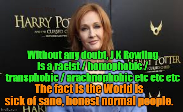 J K Rowling | Yarra Man; Without any doubt, J K Rowling is a racist / homophobic / transphobic / arachnophobic etc etc etc; The fact is the World is sick of sane, honest normal people. | image tagged in woke,self gratification by proxy,left,progressive,racist,homophobic | made w/ Imgflip meme maker