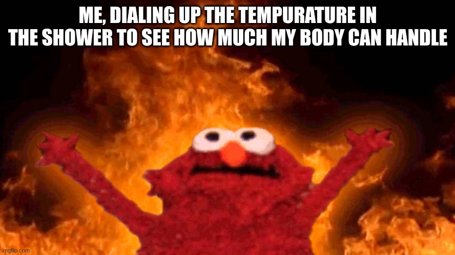 does anyone else do this? | ME, DIALING UP THE TEMPURATURE IN THE SHOWER TO SEE HOW MUCH MY BODY CAN HANDLE | image tagged in elmo fire | made w/ Imgflip meme maker