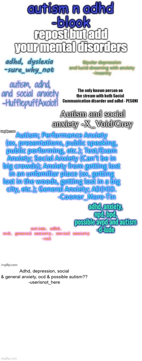 :/ | Adhd, depression, social & general anxiety, ocd & possible autism??
-userisnot_here | image tagged in thisidk | made w/ Imgflip meme maker