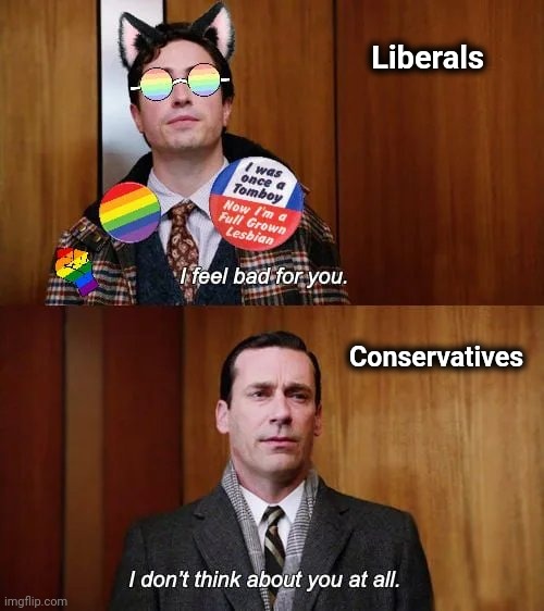 A Different World | Liberals; Conservatives | image tagged in liberal logic,normal people,live and let live,well yes but actually no,freedom,hands off | made w/ Imgflip meme maker