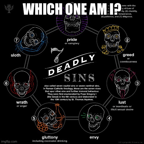 The seven deadly sins | WHICH ONE AM I? | image tagged in the seven deadly sins | made w/ Imgflip meme maker