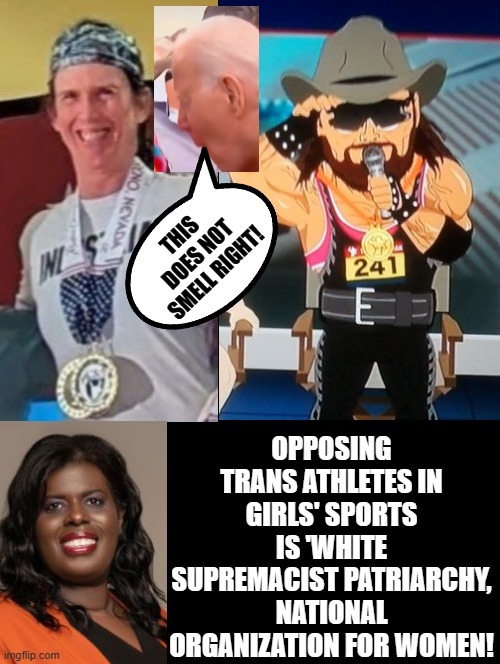 This does not smell right! | THIS DOES NOT SMELL RIGHT! OPPOSING TRANS ATHLETES IN GIRLS' SPORTS IS 'WHITE SUPREMACIST PATRIARCHY, NATIONAL ORGANIZATION FOR WOMEN! | image tagged in special kind of stupid | made w/ Imgflip meme maker