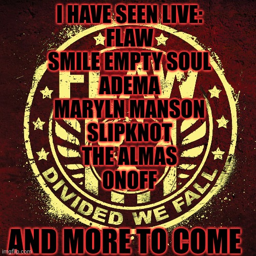 I have seen live (Mod Note: Nice dude) | I HAVE SEEN LIVE:
FLAW
SMILE EMPTY SOUL
ADEMA
MARYLN MANSON
SLIPKNOT
THE ALMAS
ONOFF; AND MORE TO COME | image tagged in music,rock music,concert,rock concert | made w/ Imgflip meme maker