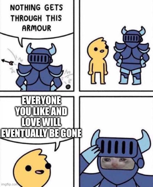 :’( | EVERYONE YOU LIKE AND LOVE WILL EVENTUALLY BE GONE | image tagged in nothing gets through this armour,oh wow are you actually reading these tags,sad | made w/ Imgflip meme maker