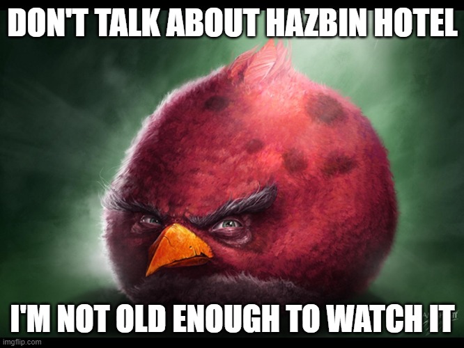 Realistic Angry Bird (big red) | DON'T TALK ABOUT HAZBIN HOTEL; I'M NOT OLD ENOUGH TO WATCH IT | image tagged in realistic angry bird big red | made w/ Imgflip meme maker