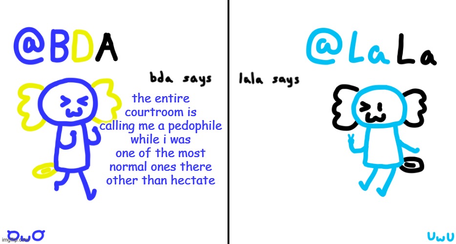 i talked in french | the entire courtroom is calling me a pedophile while i was one of the most normal ones there other than hectate | image tagged in bda and lala announcment temp | made w/ Imgflip meme maker