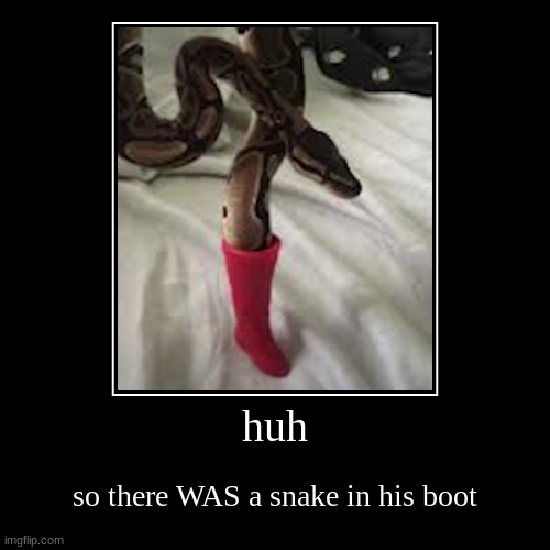 T H E R E ' S  A  S N A K E  I N  M Y  B O O T | huh | so there WAS a snake in his boot | image tagged in funny,demotivationals | made w/ Imgflip demotivational maker