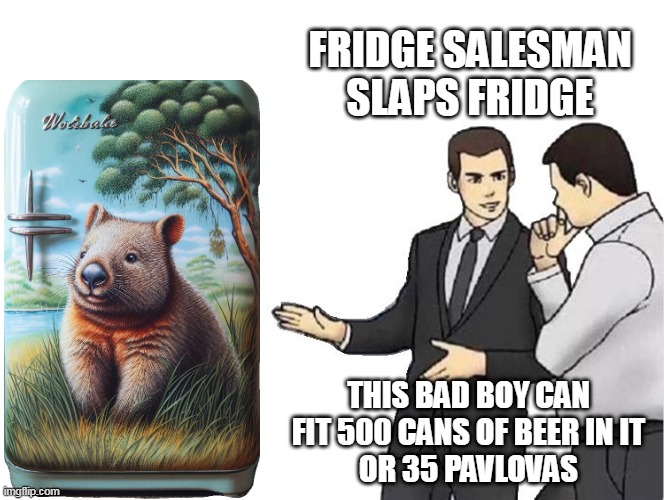 Aussie | FRIDGE SALESMAN SLAPS FRIDGE; THIS BAD BOY CAN FIT 500 CANS OF BEER IN IT
OR 35 PAVLOVAS | image tagged in memes,car salesman slaps hood,aussie | made w/ Imgflip meme maker