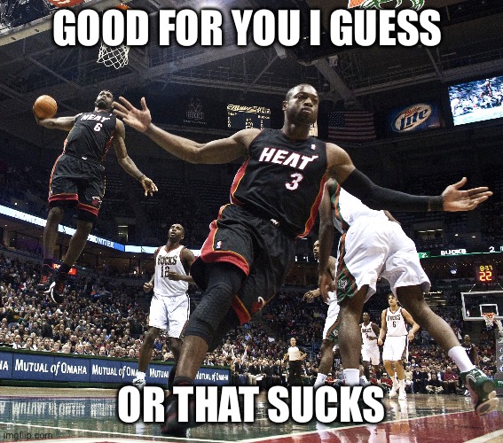 Lebron Dunking | GOOD FOR YOU I GUESS OR THAT SUCKS | image tagged in lebron dunking | made w/ Imgflip meme maker