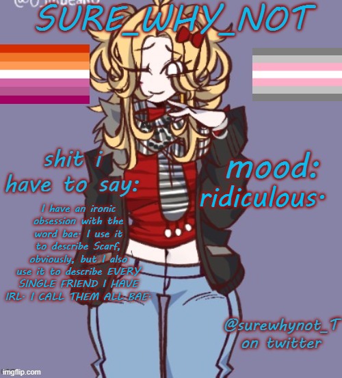 it's just a fun word. bae <3 | ridiculous. I have an ironic obsession with the word bae. I use it to describe Scarf, obviously, but I also use it to describe EVERY SINGLE FRIEND I HAVE IRL. I CALL THEM ALL BAE. | image tagged in sure_why_not announcement template | made w/ Imgflip meme maker