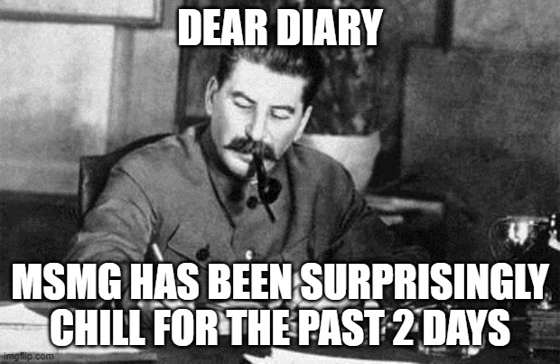 Dear diary | DEAR DIARY; MSMG HAS BEEN SURPRISINGLY CHILL FOR THE PAST 2 DAYS | image tagged in dear diary | made w/ Imgflip meme maker