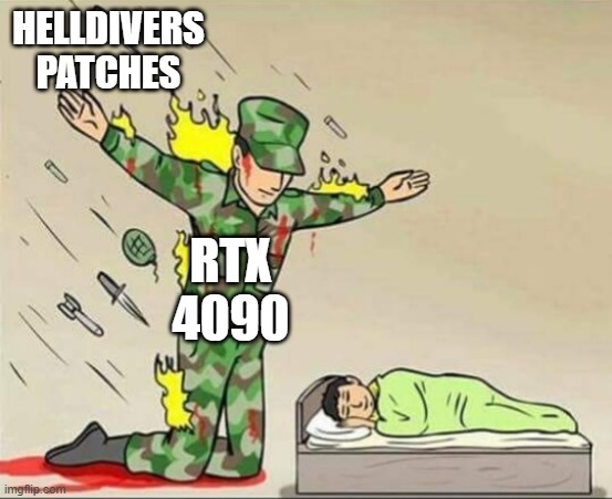 Soldier protecting sleeping child | HELLDIVERS PATCHES; RTX 4090 | image tagged in soldier protecting sleeping child | made w/ Imgflip meme maker