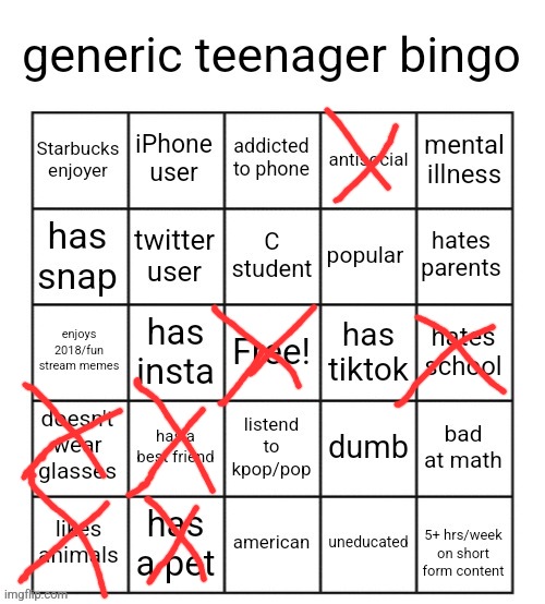 generic teenager bingo | image tagged in generic teenager bingo | made w/ Imgflip meme maker