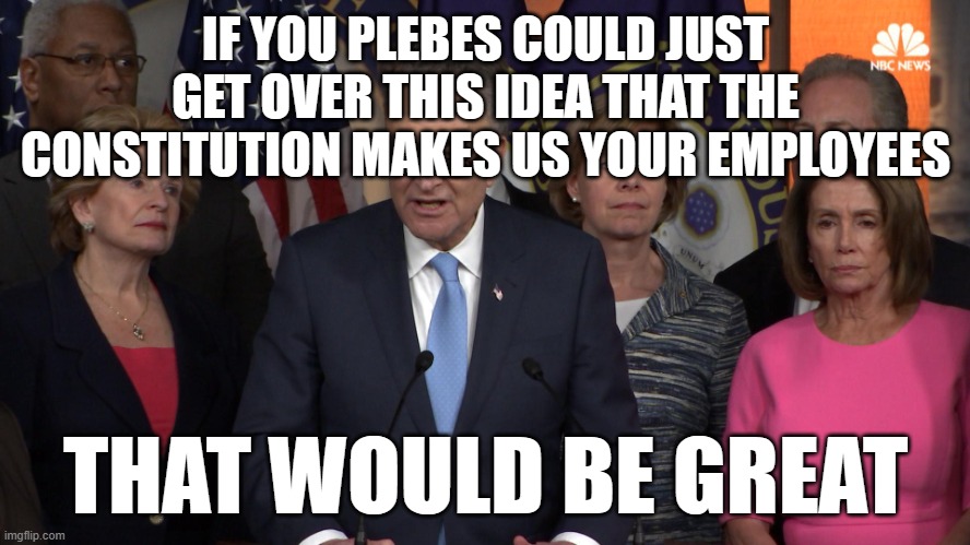 We don't represent you, got it! | IF YOU PLEBES COULD JUST GET OVER THIS IDEA THAT THE CONSTITUTION MAKES US YOUR EMPLOYEES; THAT WOULD BE GREAT | image tagged in democrat congressmen | made w/ Imgflip meme maker