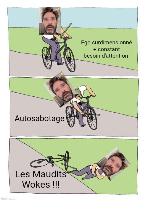 Bike Fall Meme | Ego surdimensionné + constant besoin d'attention; Autosabotage; Les Maudits Wokes !!! | image tagged in memes,bike fall | made w/ Imgflip meme maker