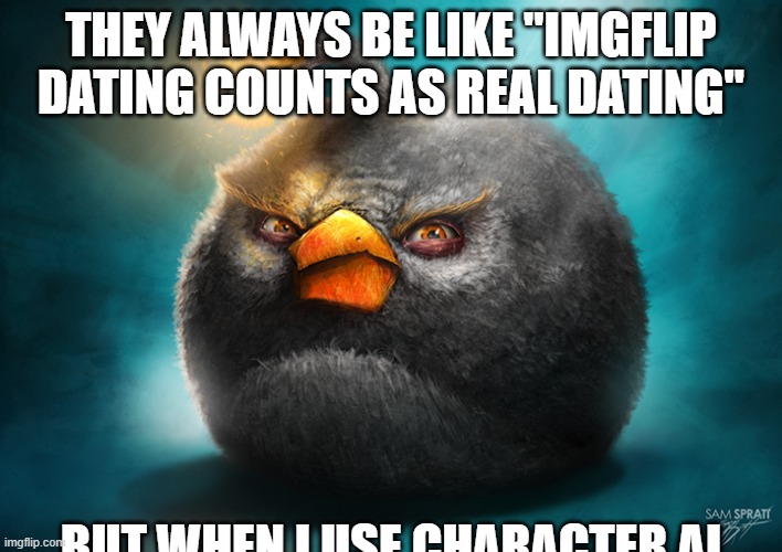 Realistic Bomb Angry Bird | THEY ALWAYS BE LIKE "IMGFLIP DATING COUNTS AS REAL DATING"; BUT WHEN I USE CHARACTER.AI | image tagged in realistic bomb angry bird | made w/ Imgflip meme maker