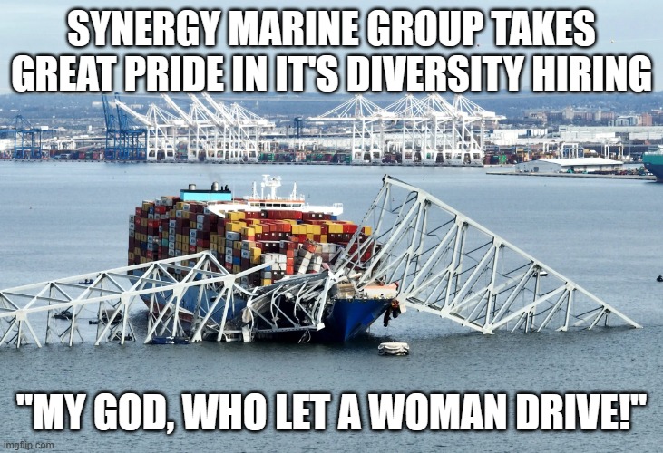 Baltimore Francis Scott Key Bridge | SYNERGY MARINE GROUP TAKES GREAT PRIDE IN IT'S DIVERSITY HIRING; "MY GOD, WHO LET A WOMAN DRIVE!" | image tagged in baltimore francis scott key bridge | made w/ Imgflip meme maker