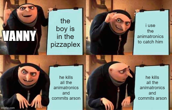 vanny is sb fr | the boy is in the pizzaplex; i use the animatronics to catch him; VANNY; he kills all the animatronics and commits arson; he kills all the animatronics and commits arson | image tagged in memes,gru's plan | made w/ Imgflip meme maker