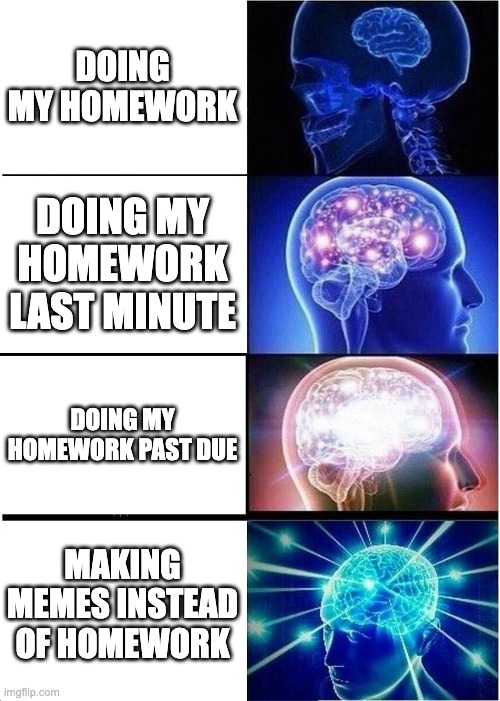 Homework and Memes | DOING MY HOMEWORK; DOING MY HOMEWORK LAST MINUTE; DOING MY HOMEWORK PAST DUE; MAKING MEMES INSTEAD OF HOMEWORK | image tagged in memes,expanding brain | made w/ Imgflip meme maker