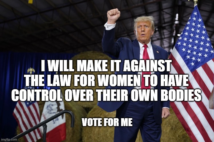 I WILL MAKE IT AGAINST THE LAW FOR WOMEN TO HAVE CONTROL OVER THEIR OWN BODIES; VOTE FOR ME | image tagged in trump,abortion,women rights | made w/ Imgflip meme maker