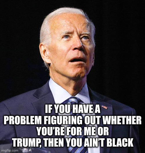 To African-American radio host Charlamagne Tha God. | IF YOU HAVE A PROBLEM FIGURING OUT WHETHER YOU’RE FOR ME OR TRUMP, THEN YOU AIN’T BLACK | image tagged in joe biden | made w/ Imgflip meme maker