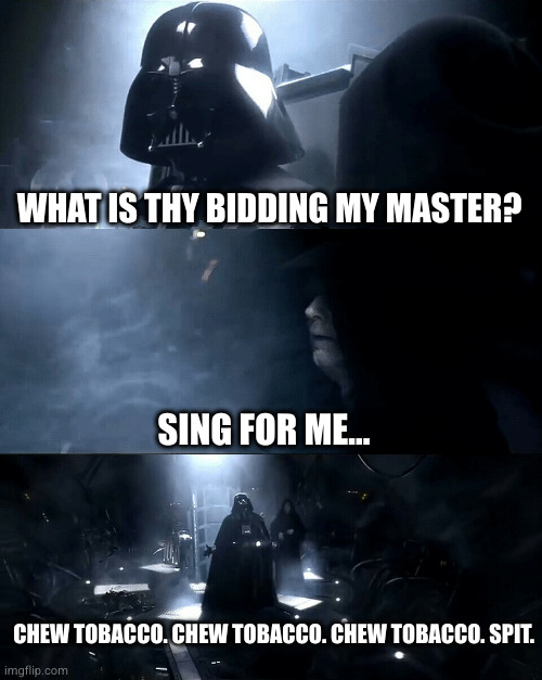 Singing | WHAT IS THY BIDDING MY MASTER? SING FOR ME... CHEW TOBACCO. CHEW TOBACCO. CHEW TOBACCO. SPIT. | image tagged in darth vader where is padme is she safe is she alright | made w/ Imgflip meme maker