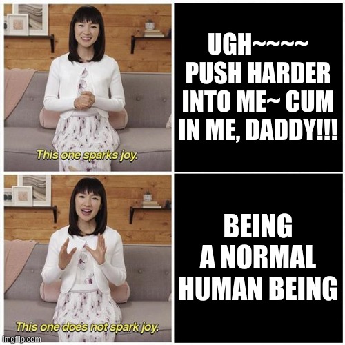 Marie Kondo Spark Joy | UGH~~~~ PUSH HARDER INTO ME~ CUM IN ME, DADDY!!! BEING A NORMAL HUMAN BEING | image tagged in marie kondo spark joy | made w/ Imgflip meme maker