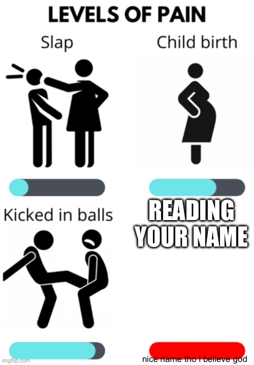 READING YOUR NAME nice name tho i believe god | image tagged in levels of pain | made w/ Imgflip meme maker