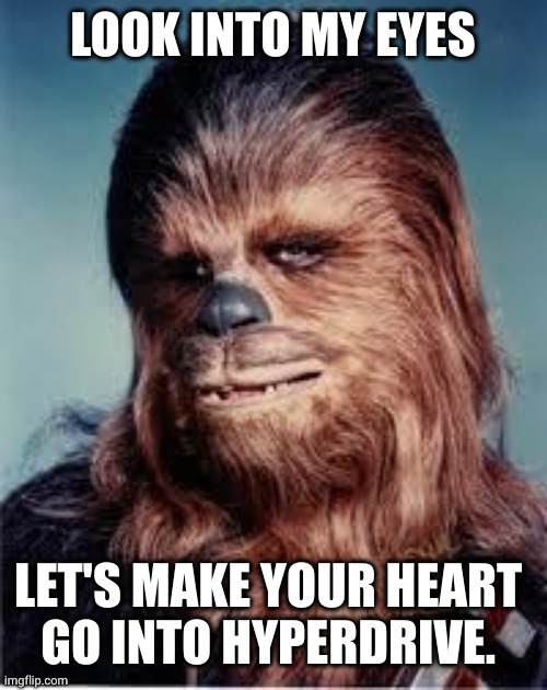 Chewbacca's bedroom eyes | LOOK INTO MY EYES; LET'S MAKE YOUR HEART 
GO INTO HYPERDRIVE. | image tagged in chewbacca,seduction,memes,star wars,hyperdrive,eye contact | made w/ Imgflip meme maker