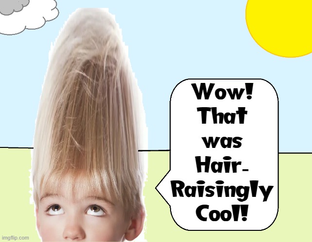 Some Hair to Eclipse the Sun | Wow!
That
was
Hair-
Raisingly
Cool! | image tagged in vince vance,tall hair,memes,cartoons,little boy | made w/ Imgflip meme maker
