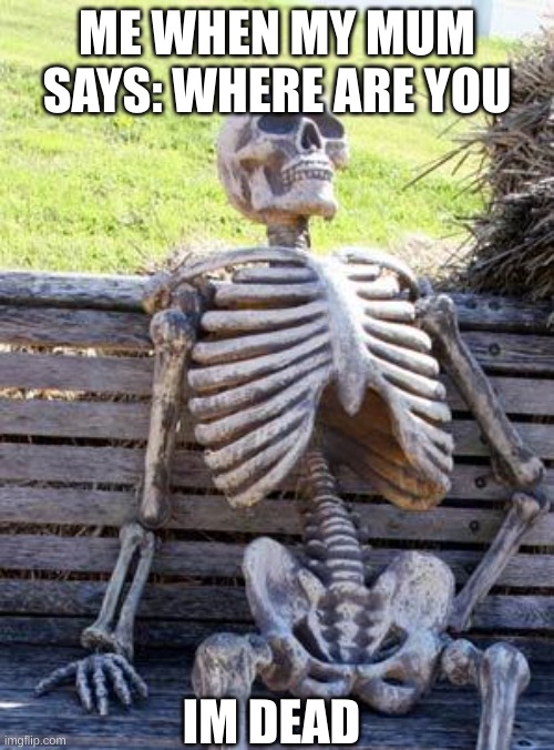 Waiting Skeleton Meme | ME WHEN MY MUM SAYS: WHERE ARE YOU; IM DEAD | image tagged in memes,waiting skeleton | made w/ Imgflip meme maker