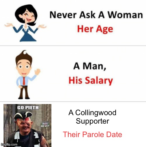 Never Ask A Woman Her Age | A Collingwood Supporter; Their Parole Date | image tagged in never ask a woman her age | made w/ Imgflip meme maker