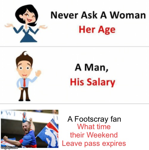 Never Ask A Woman Her Age | A Footscray fan; What time their Weekend Leave pass expires | image tagged in never ask a woman her age | made w/ Imgflip meme maker