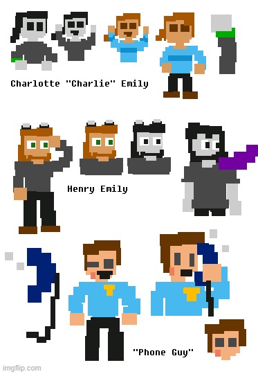 Tried replicating the sprite artstyle to make these characters (Made in Paint) | image tagged in fnaf,five nights at freddys,charlie emily,henry emily,phone guy | made w/ Imgflip meme maker