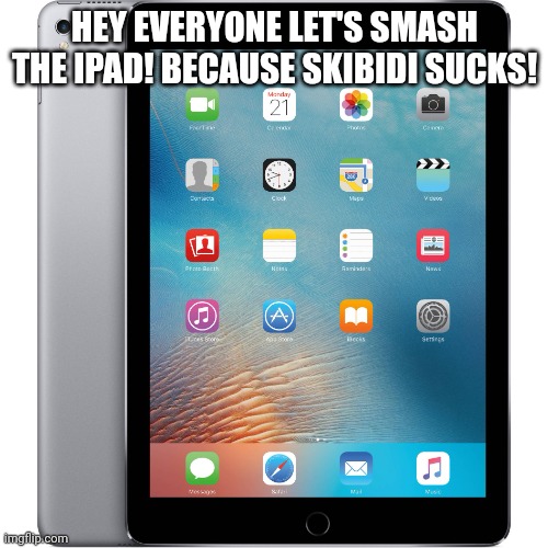 Let's destroy the iPad! | HEY EVERYONE LET'S SMASH THE IPAD! BECAUSE SKIBIDI SUCKS! | image tagged in ipad | made w/ Imgflip meme maker