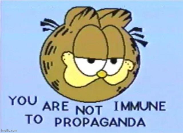 Garfield You Are Not Immune To Propaganda | image tagged in garfield you are not immune to propaganda | made w/ Imgflip meme maker