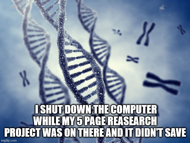 Shitpost is Genetic | I SHUT DOWN THE COMPUTER WHILE MY 5 PAGE REASEARCH PROJECT WAS ON THERE AND IT DIDN'T SAVE | image tagged in shitpost is genetic | made w/ Imgflip meme maker