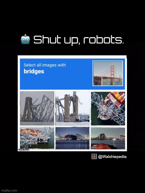 Captcha Bridges | 🤖 Shut up, robots. 🌉 @Walshiepedia | image tagged in captcha,bridges,francis scott key bridge,baltimore,collapse,i am not a robot | made w/ Imgflip meme maker